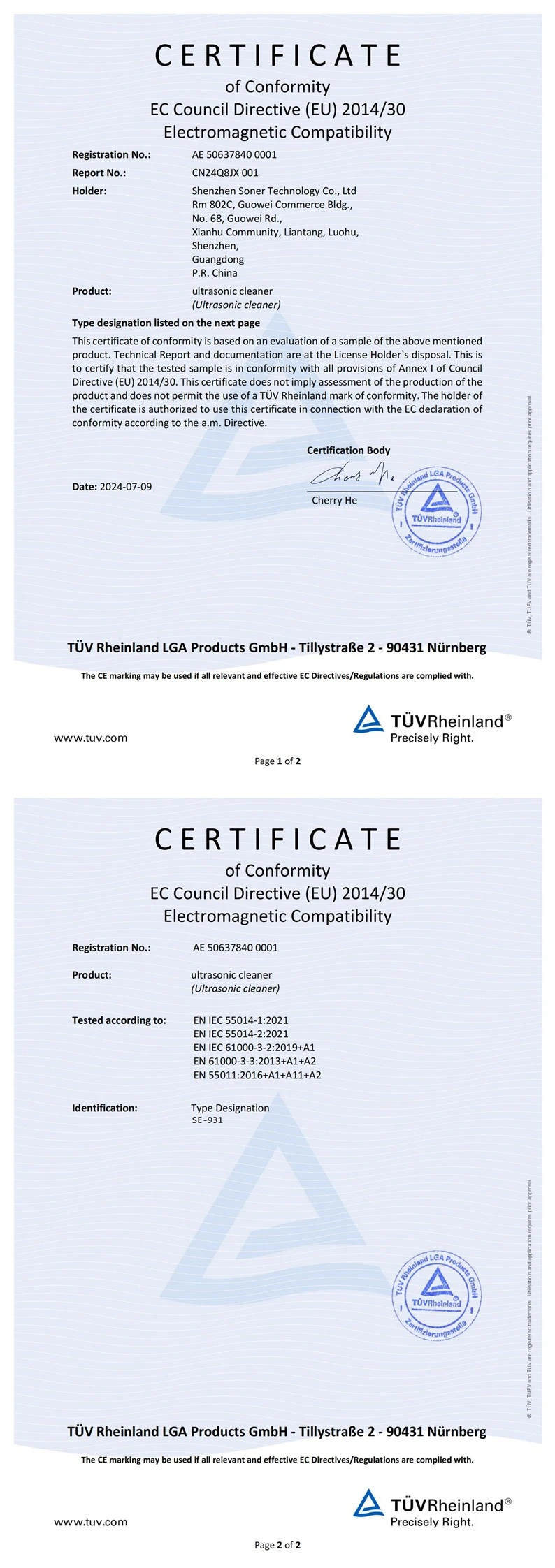 TUV Rheinland CE documentation for Soner ultrasonic cleaner